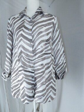 iLinen 100% Linen Chevron Stripe Button‑Up Shirt Lightweight Coastal Boho large